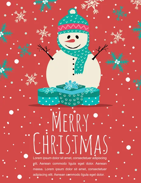 Frohe Weihnachten Grußkarte mit Schneemann und Schneeflocken auf rotem Hintergrund Stockillustration