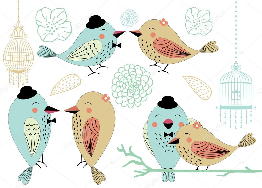Love Birds and Birdcages Clipart in Vector