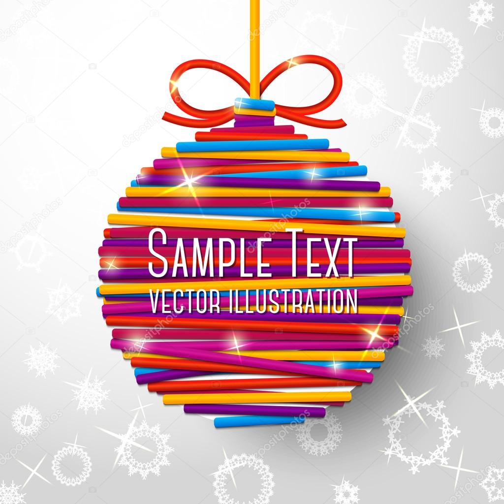 New Year and Christmas card with bright bauble made from laces on paper background with snowflakes . With place for your text. Vector