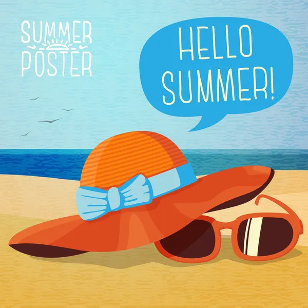 Summer hat and sun glasses on the beach sand — Stock Vector