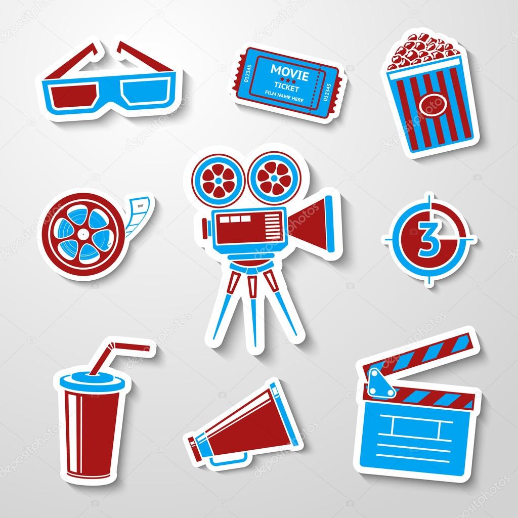 Paper sticker cinema (movie) icons set