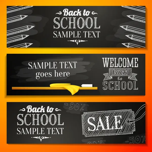 Set banner sekolah dengan tempat untuk teks Anda dan iklan penjualan, dan selamat datang kembali ke sekolah salam. Vektor - Stok Vektor