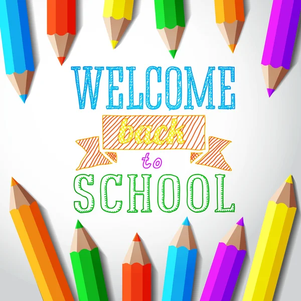 Welcome back to school hand-drawn greeting with color pencils. Vector — Stock Vector