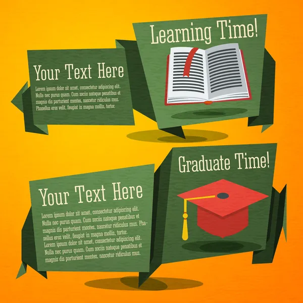 Conjunto de lindos banners de regreso a la escuela con libro de texto y gorra de graduación. Con lugar para tu texto publicitario . — Vector de stock