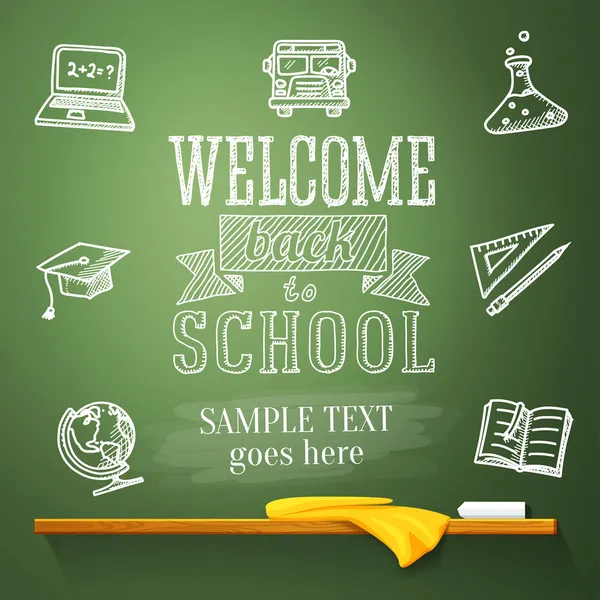 metin için yer ile kara tahta üzerinde okul mesajı tekrar hoş geldiniz. çizimleri - Küre, not defteri, metin kitap, mezuniyet kapağı, otobüs, bilim ampul ile.