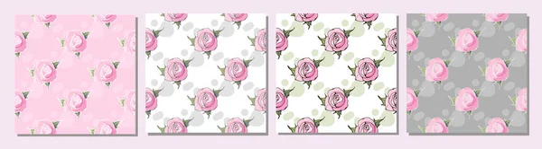 一组无缝的粉红色玫瑰图案 背景为白色 粉色和灰色 精致的浪漫花朵用于墙纸 邀请函 情人节的设计 — 图库矢量图片