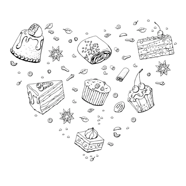 ハートの形でベクトル要素のセット おいしいペストリー ケーキ スパイス ナッツ シナモン スターアニス チョコレート バレンタインデーのための服 カードデザインの印刷 — ストックベクタ