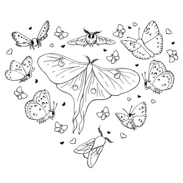 Set Monochromer Vektorisolierter Schmetterlinge Auf Weißem Hintergrund Herzform Pink Maple — Stockvektor
