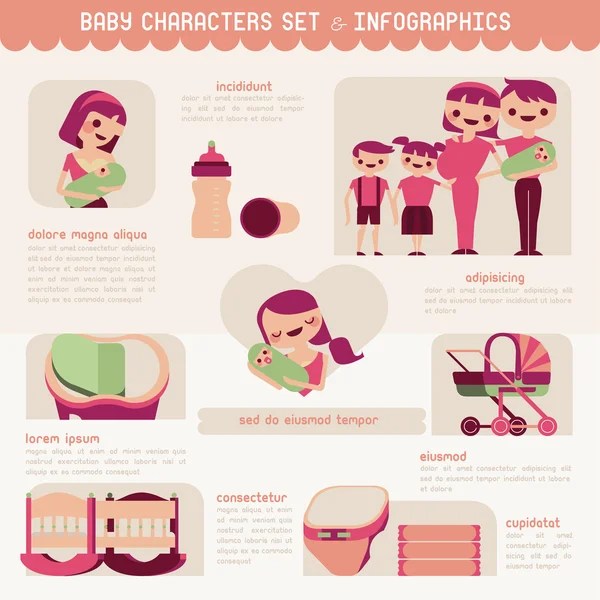 Baby characters set and infographic — Stock Vector