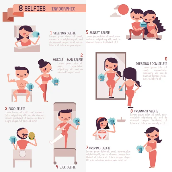 Sekiz selfies Infographic Illustrator — Stok Vektör