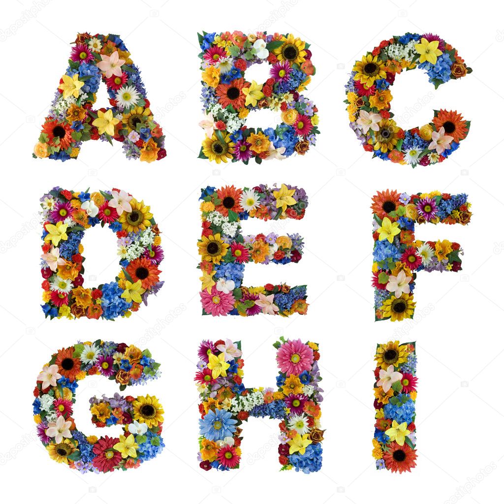Letter A B C D E F G H I made of flowers isolated on white background