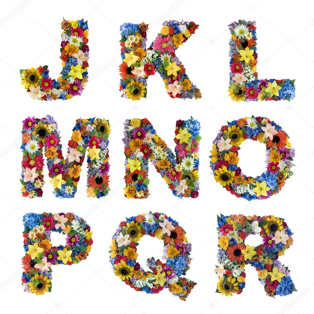 Letter J K L M N O P Q R made of flowers isolated on white background