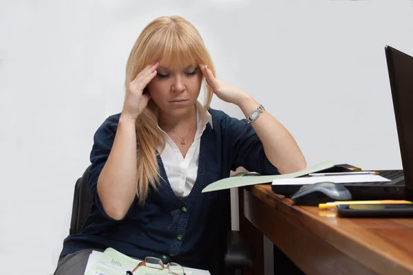 Stressed office girl having a headache — Stock Photo, Image