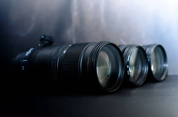 Various Camera Lenses Digital Cameras Arranged Separate Black Background — Stock Photo, Image