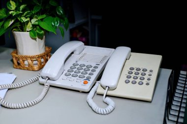 Telefon ve saklama vazosu ofisteki masanın üstünde.