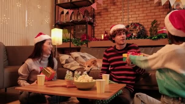 Surprise Three Friends Family Joyful Giving Gifts Together Exchange While — Stock Video