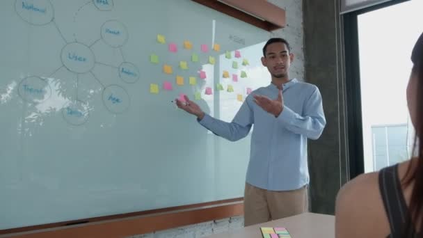 Dva Kolegové Spolupracovníci Asijských Etnických Mozků Setkání Finanční Projekt Diskutovat — Stock video