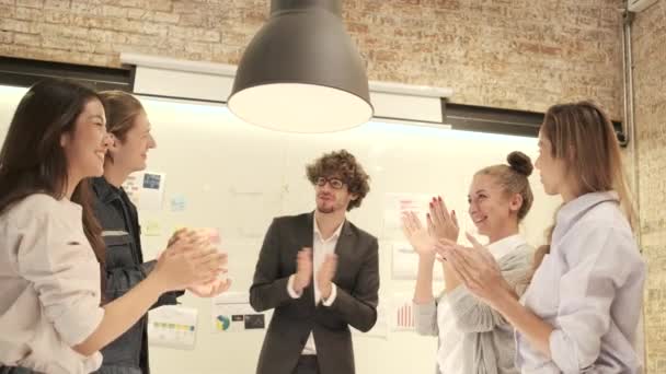 Happiness Young Multiracial Coworker Team Celebrates Business Success Caucasian Male — Videoclip de stoc