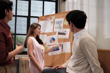 Kadın işçi, Asyalı iş arkadaşlarına iş yerindeki mali tabloyu sunar ve açıklar. Üç iş arkadaşı iş planı stratejisi ve pazarlama raporunu tartışıyor.