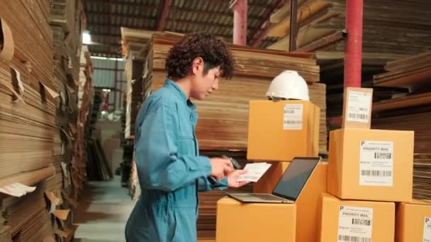 Eine Arbeiterin Sicherheitsuniform Und Hut Mit Barcode Scanner Versandaufträge Paketlager — Stockvideo