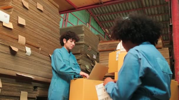 Two Safety Uniform Female Workers Colleagues Use Bar Code Scanner — Stock Video