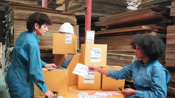 安全統一された2人の女性労働者と同僚は 小包倉庫 梱包産業用製紙工場 物流輸送サービスの出荷注文在庫を確認するためにバーコードスキャナを使用しています — ストック動画