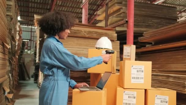 Biztonsági Egyenruhás Afro Amerikai Női Munkás Vonalkód Szkennerrel Ellenőrzi Csomagküldő — Stock videók