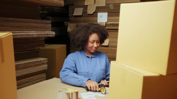 Trabajadora Afroamericana Uniforme Seguridad Usando Escáner Código Barras Para Verificar — Vídeo de stock