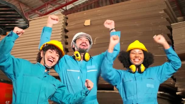 Équipe Ingénieurs Multiraciaux Uniformes Sécurité Chapeaux Durs Célèbrent Mains Levées — Video