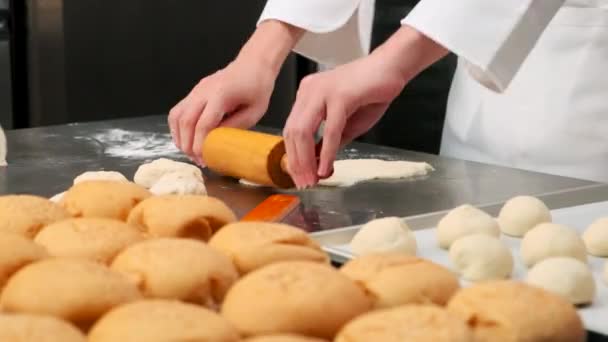 Close Chefs Hand White Aprons Cook Uniforms Kneading Raw Pastry — Stock Video