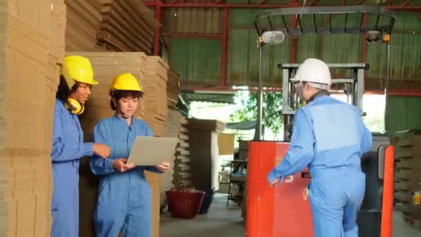 Iparági Gyári Dolgozók Csapata Biztonsági Egyenruhában Keménykalapban Vizsgálja Meg Tárolást — Stock videók