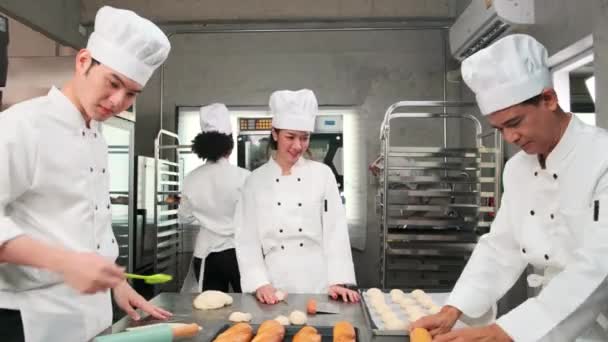 Equipo Gourmet Profesional Multirracial Cuatro Chefs Uniformes Blancos Cocina Delantales — Vídeo de stock