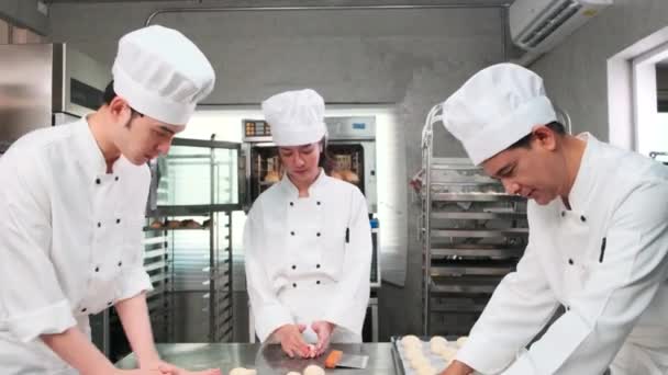 Équipe Gastronomique Professionnelle Multiraciale Quatre Chefs Uniformes Cuisine Blancs Tabliers — Video