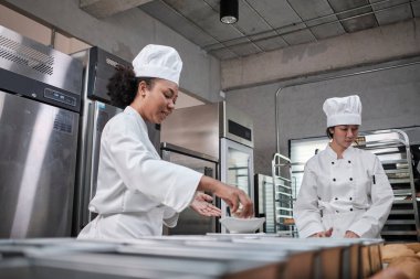 İki profesyonel aşçı üniforması ve önlüklü kadın aşçı hamur ve yumurta yoğurur, ekmek, kurabiye ve taze fırın yemeği hazırlar, bir restoranın paslanmaz çelik mutfağında fırında pişirir..