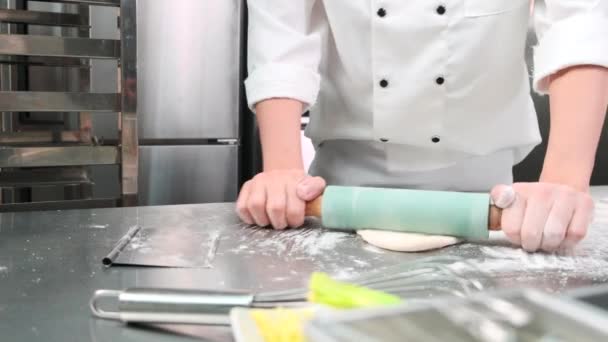 Close Chef Hand White Cook Uniforms Aprons Kneading Pastry Dough — Stock Video