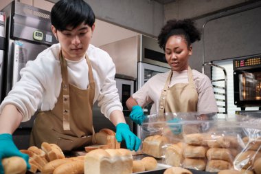 İki genç arkadaş ve ekmek hamuru ve hamur işlerinin yeni ortağı ev yapımı pişirme işleriyle meşgulken günlük yemek siparişleri, paketleme ve küçük işletme girişimcileri.
