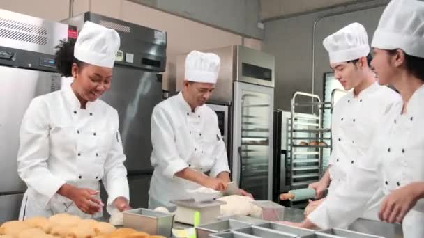 Çok Irklı Profesyonel Gurme Takımı Beyaz Aşçı Üniforması Önlüklü Dört — Stok video