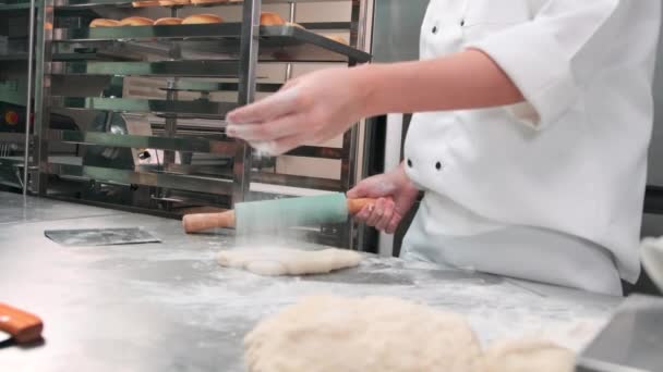 Slow Motion Close Chef White Cook Uniforms Aprons Sprinkle Flour — Stock Video