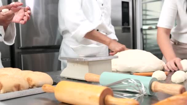 Close Chefs Hand White Cook Uniforms Aprons Kneading Raw Pastry — Stock Video