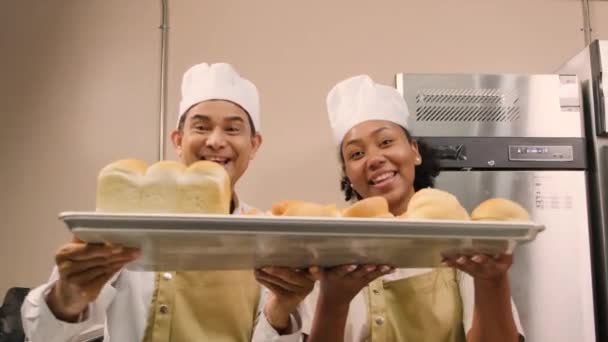 Portrait Professional Chefs White Uniform Looking Camera Cheerful Smile Proud — Vídeo de stock