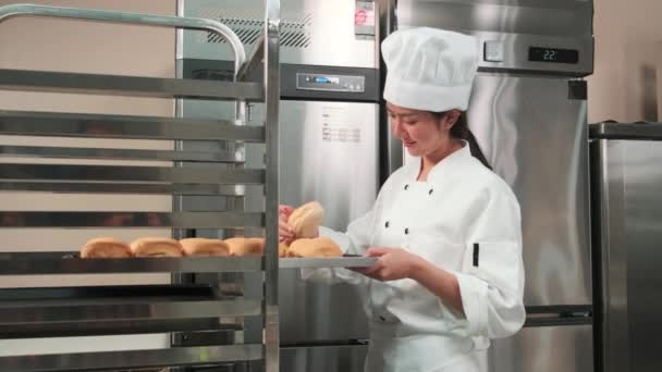 Beautiful Professional Asian Female Chef White Cook Uniform Hat Apron — стоковое видео