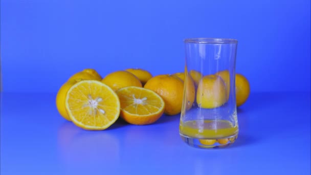 Stop Motion Vivid Color Studio Shot Orange Juice Level Glass — Stock videók
