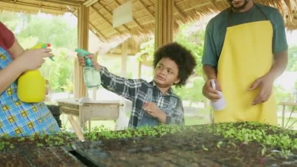 Gelukkige Afro Amerikaanse Boerenfamilie Met Half Kaste Jongen Plezier Spray — Stockvideo