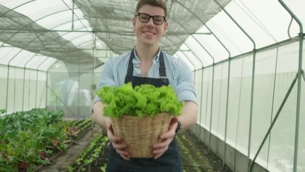 Caucasian Male Farmer Looks Gives Basket Fresh Vegetables Camera Happy — Vídeos de Stock