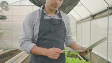 Çiftlik serasında dizüstü bilgisayarla çalışan modern bir erkek çiftçi deneyi. Bahçıvan sebze yetiştiriciliği, tarım ürünleri ve taze organik yeşil doğa ürünlerini kontrol eder ve inceler..