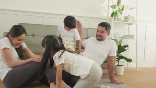 Asian Thai Family Parents Children Play Tease Together While Fitness — Stock video