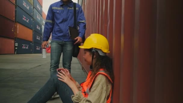 Young Male Asian Worker Safety Uniform Hardhat Rest Logistics Work — Wideo stockowe