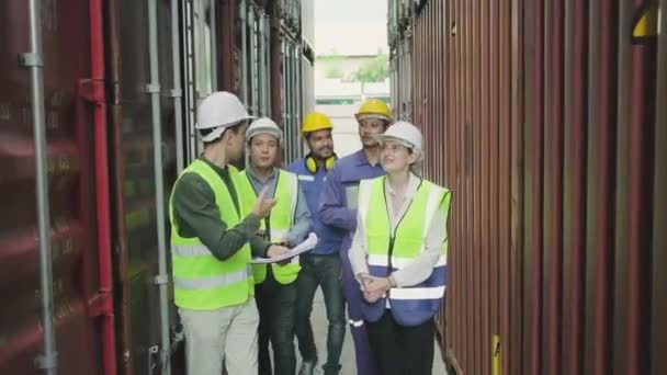 Group Multiracial Workers Safety Uniforms Hardhats Walk Inspect Shipping Cargo — Vídeo de stock