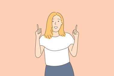 İşaret parmağı gösteren genç bir kadının portresi. İnsan duyguları kavramı, yüz ifadeleri. Öne bak. El çizimi biçim vektör tasarımı çizimleri.