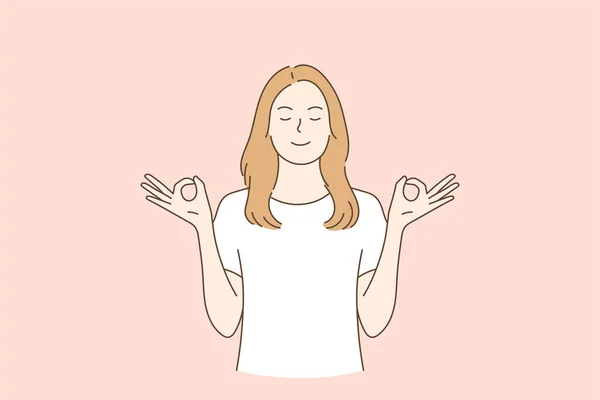 Relaxado Sorrindo Mulher Fechar Olhos Meditar Fazer Ioga Ilustrações Design — Vetor de Stock